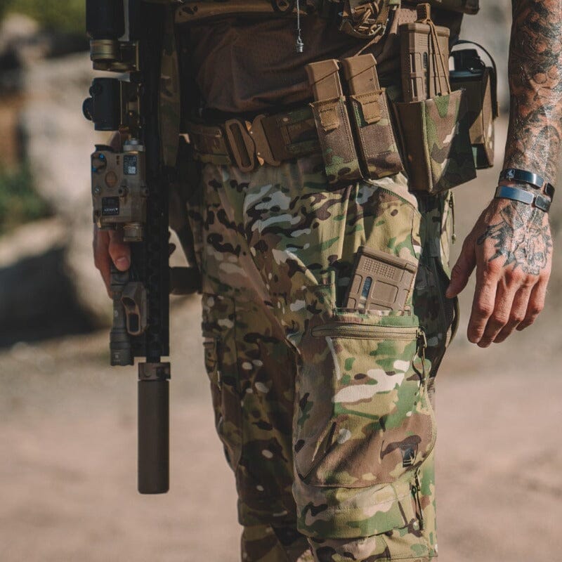 Lifestyle image of the TD Cordell Amphib Tactical Combat Pants V2 in MultiCam® Agility, worn in the field to showcase mobility, ergonomic fit, and amphibious-ready durability for tactical performance.