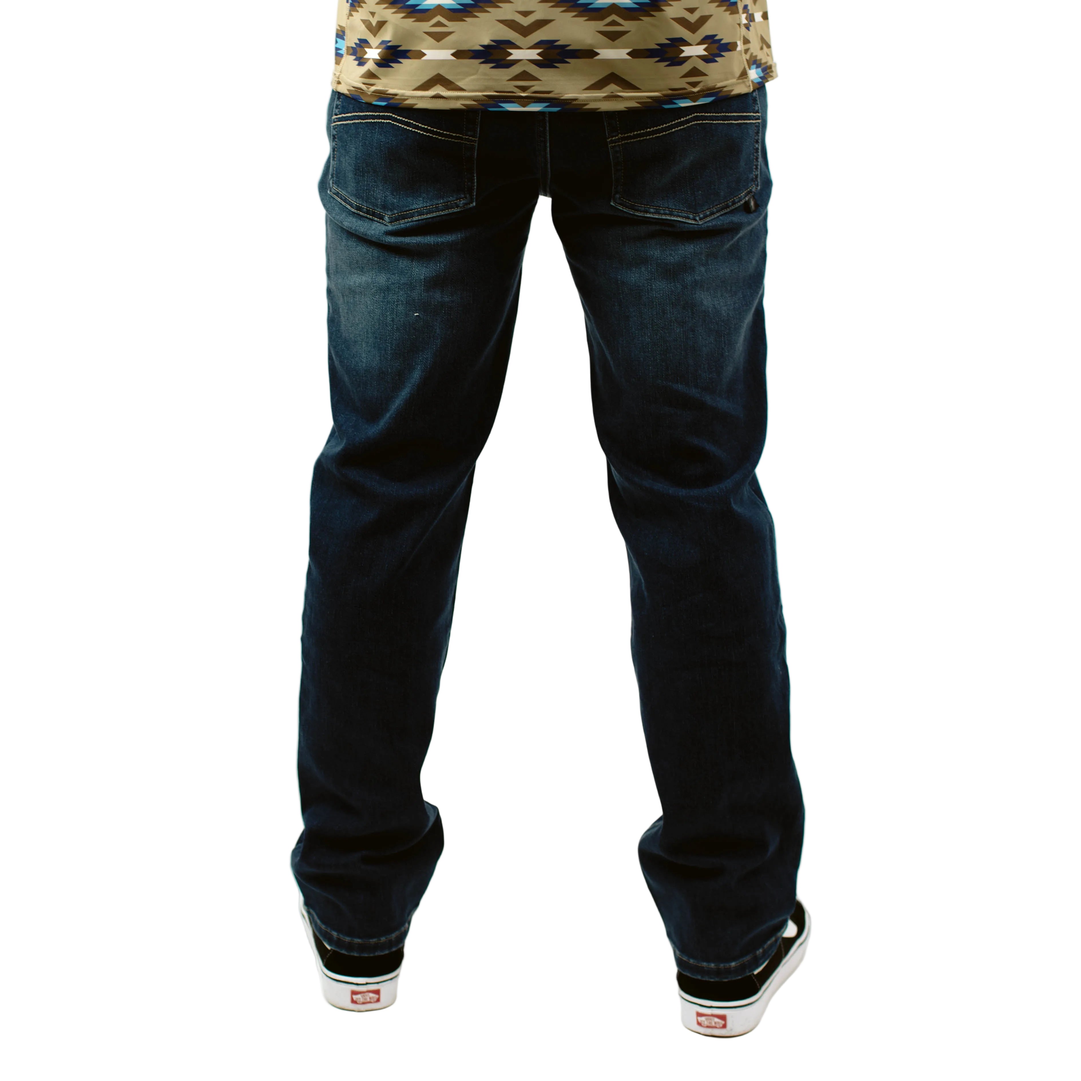 Back view of TD McQuade Tactical Jeans V2 Regular Fit, showcasing reinforced rear patch pockets, AR mag compatible back yoke pockets, heavy duty belt loops, and durable stretch denim built for everyday carry and tactical reliability.