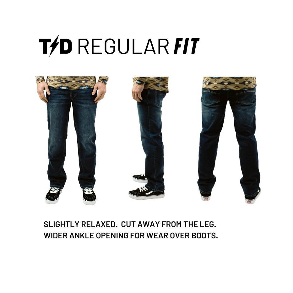 Three-angle product graphic of the TD McQuade Tactical Jeans V2 Regular Fit, showcasing the roomier leg profile, reinforced stretch denim construction, and full 10 pocket EDC system including AR mag pockets, knife panels, and concealed carry friendly storage built into a classic regular cut.