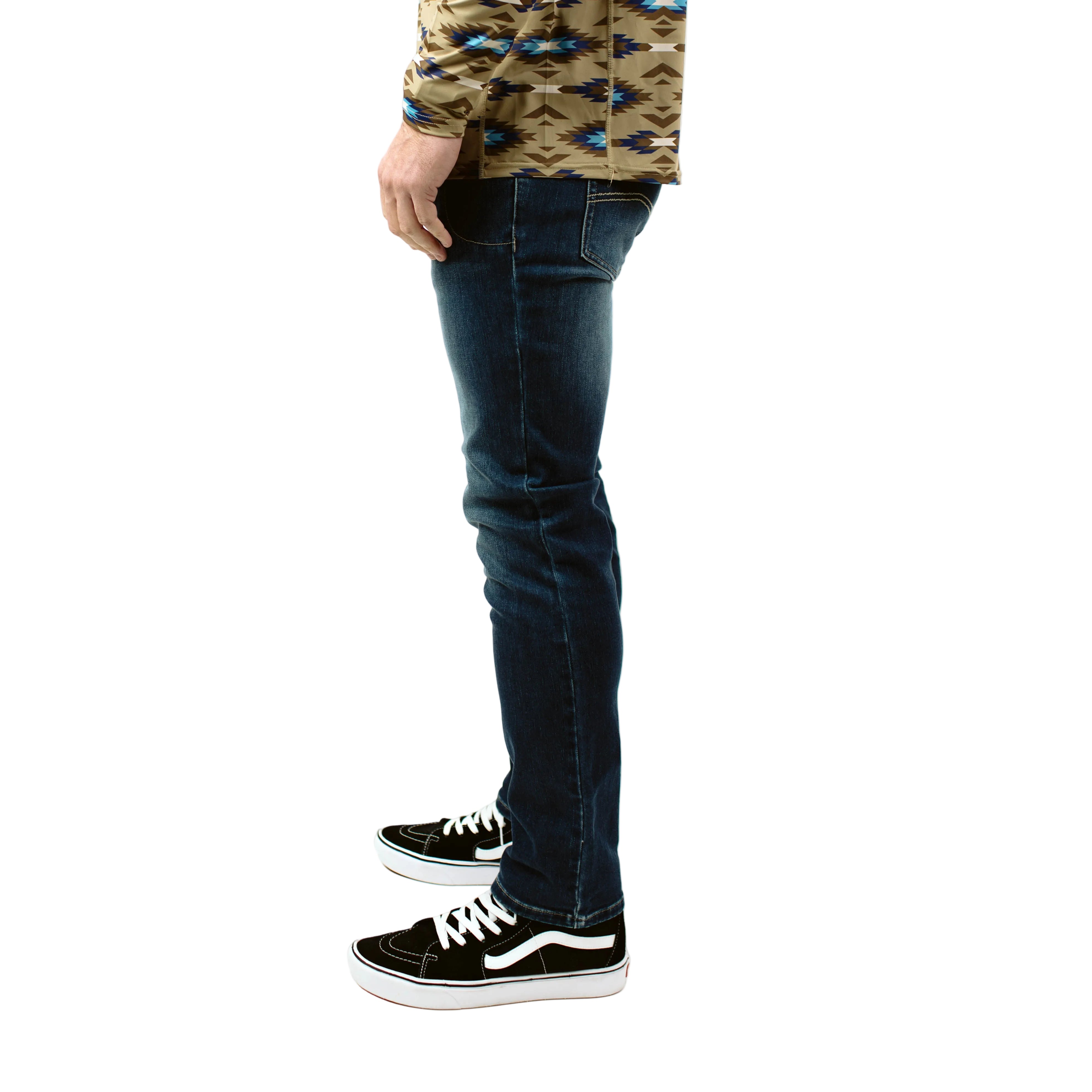 Side view of TD McQuade Tactical Jeans V2 Slim Fit, highlighting the tapered profile, reinforced knife pocket panel, stretch denim mobility, and concealed EDC pocket placement for comfortable daily carry.