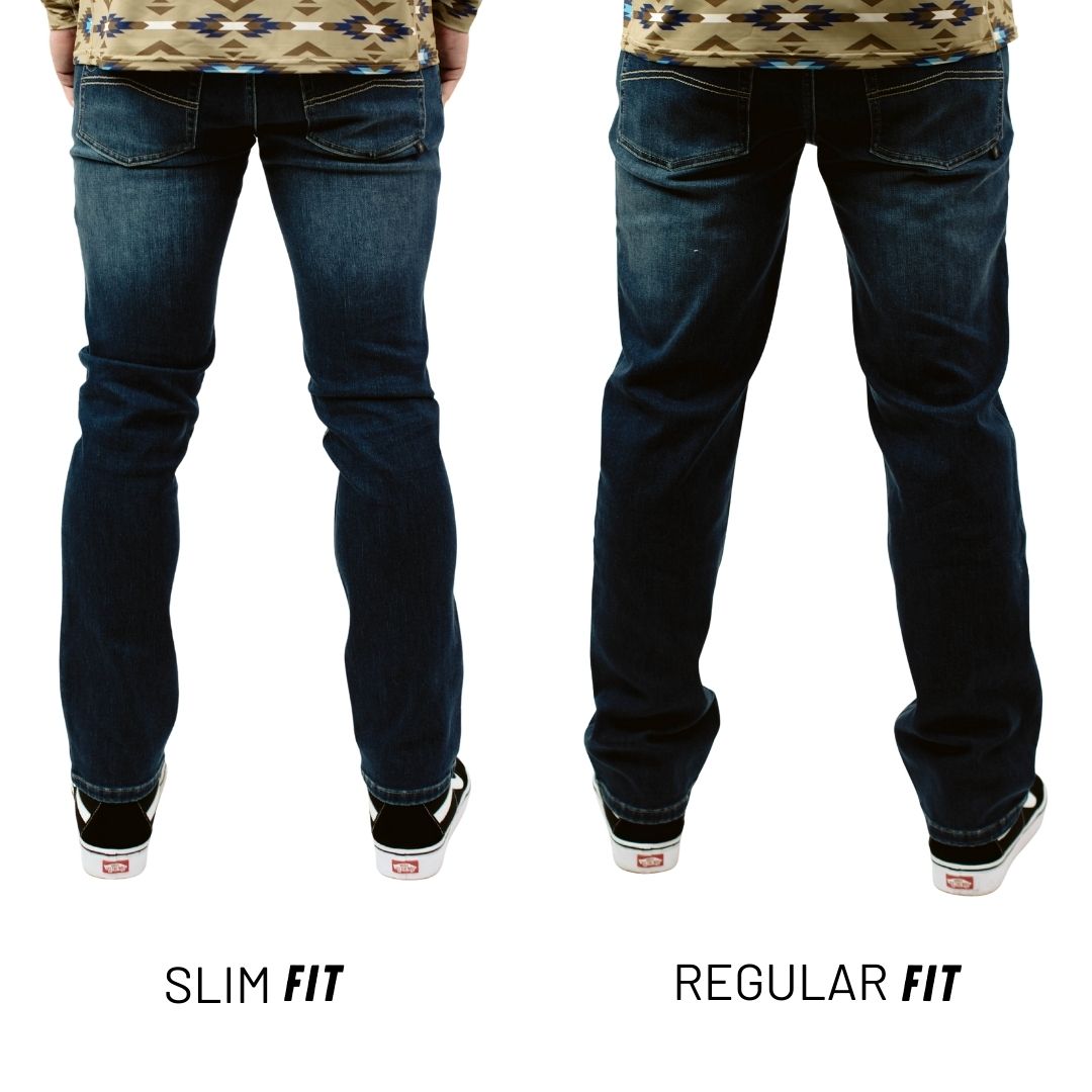 Side-by-side back view comparison of TD McQuade Tactical Jeans V2 in Slim Fit and Regular Fit, showcasing reinforced rear pockets, AR mag compatible back yoke pockets, heavy duty belt loops, and the overall difference in seat and leg shaping between the two EDC-ready denim cuts.