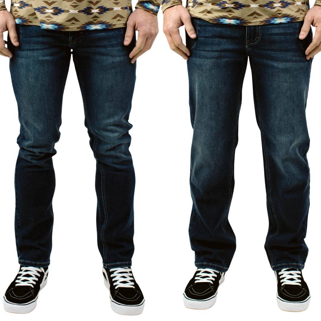 Side-by-side product shot of TD McQuade Tactical Jeans V2 showing both Slim Fit and Regular Fit options, highlighting updated stretch denim, reinforced pockets, and the 10 pocket EDC layout designed for concealed carry and tactical everyday use.