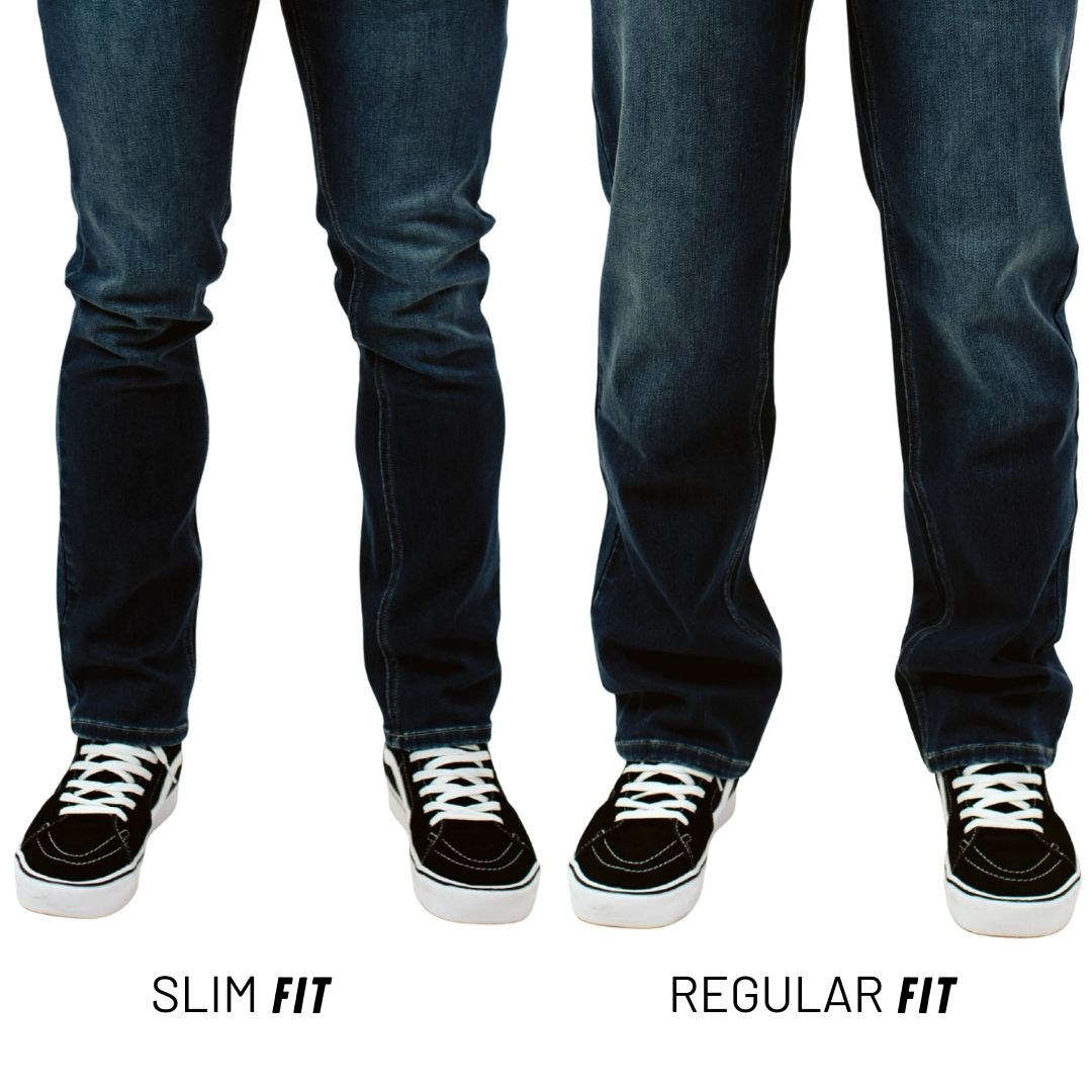 Side-by-side front view comparison of TD McQuade Tactical Jeans V2 in Slim Fit and Regular Fit, showing differences in silhouette, leg taper, and waistband structure while highlighting the shared 10 pocket EDC system, reinforced knife panels, and durable stretch denim construction.