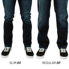 Side-by-side front view comparison of TD McQuade Tactical Jeans V2 in Slim Fit and Regular Fit, showing differences in silhouette, leg taper, and waistband structure while highlighting the shared 10 pocket EDC system, reinforced knife panels, and durable stretch denim construction.