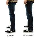 Side-by-side side view comparison of TD McQuade Tactical Jeans V2 in Slim Fit and Regular Fit, highlighting the tapered versus relaxed leg profiles, reinforced knife pocket panels, stretch denim mobility, and discreet EDC pocket placement built for concealed carry and everyday functionality.