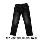TD McQuade Tactical Jeans V2 in Vintage Black wash shown in a clean product view, highlighting the faded black denim finish, durable stretch construction, reinforced knife and mag pockets, and the full 10 pocket EDC layout built for concealed carry and everyday tactical performance.