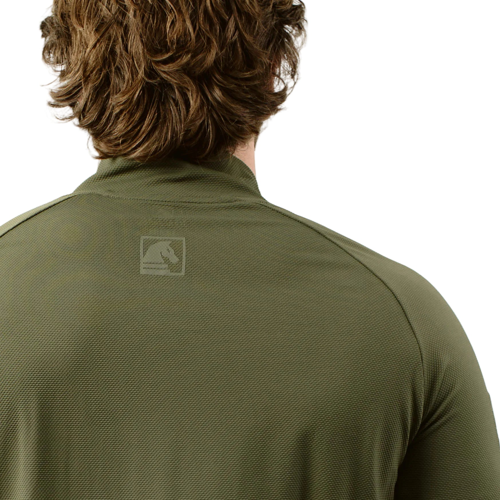 Close up of TD OSS Top Short Sleeve in Ranger Green showing back neck branding, raglan seam construction, and reinforced wrap panel design, breathable combat base layer for operator training and field use