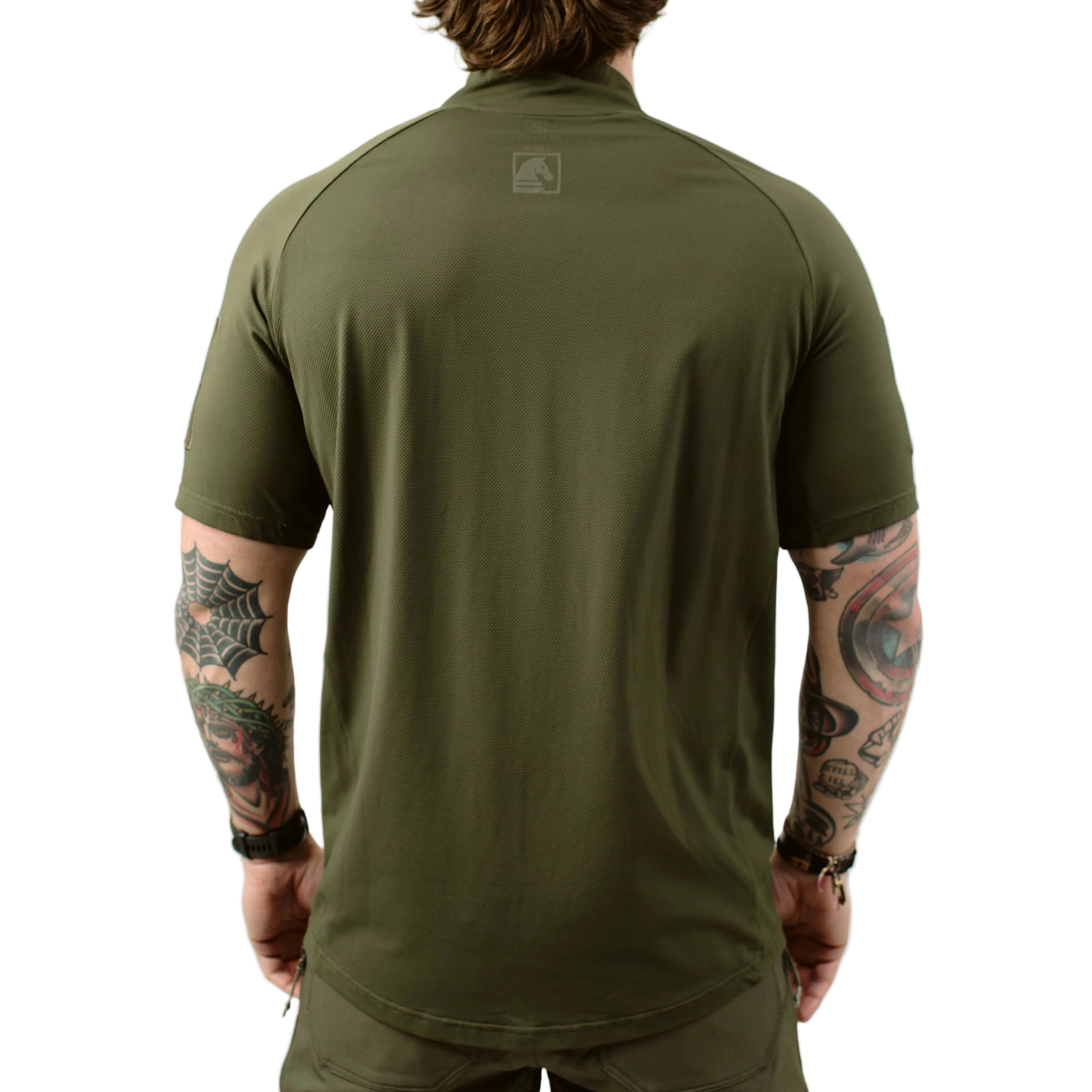 Back view of TD OSS Top Short Sleeve in Ranger Green showing wrapped shoulder seams and streamlined operator cut, lightweight tactical shooting shirt designed for hot weather range days and duty wear under armor