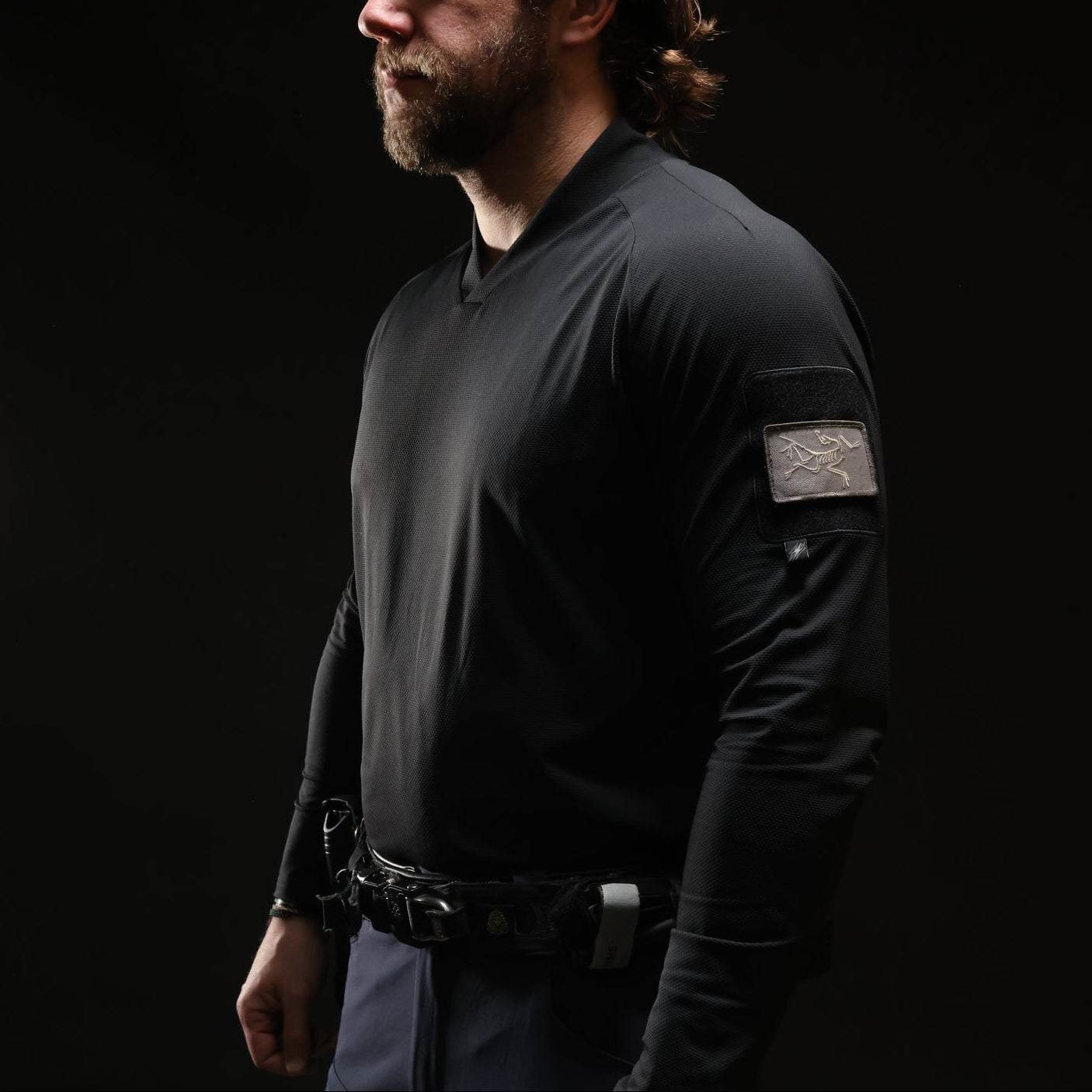 TD OSS Top V2 Long Sleeve in Black worn as part of full tactical uniform kit, lightweight combat base layer operator top and shooter shirt designed for range training, law enforcement duty, and wear under plate carriers as a professional performance range shirt