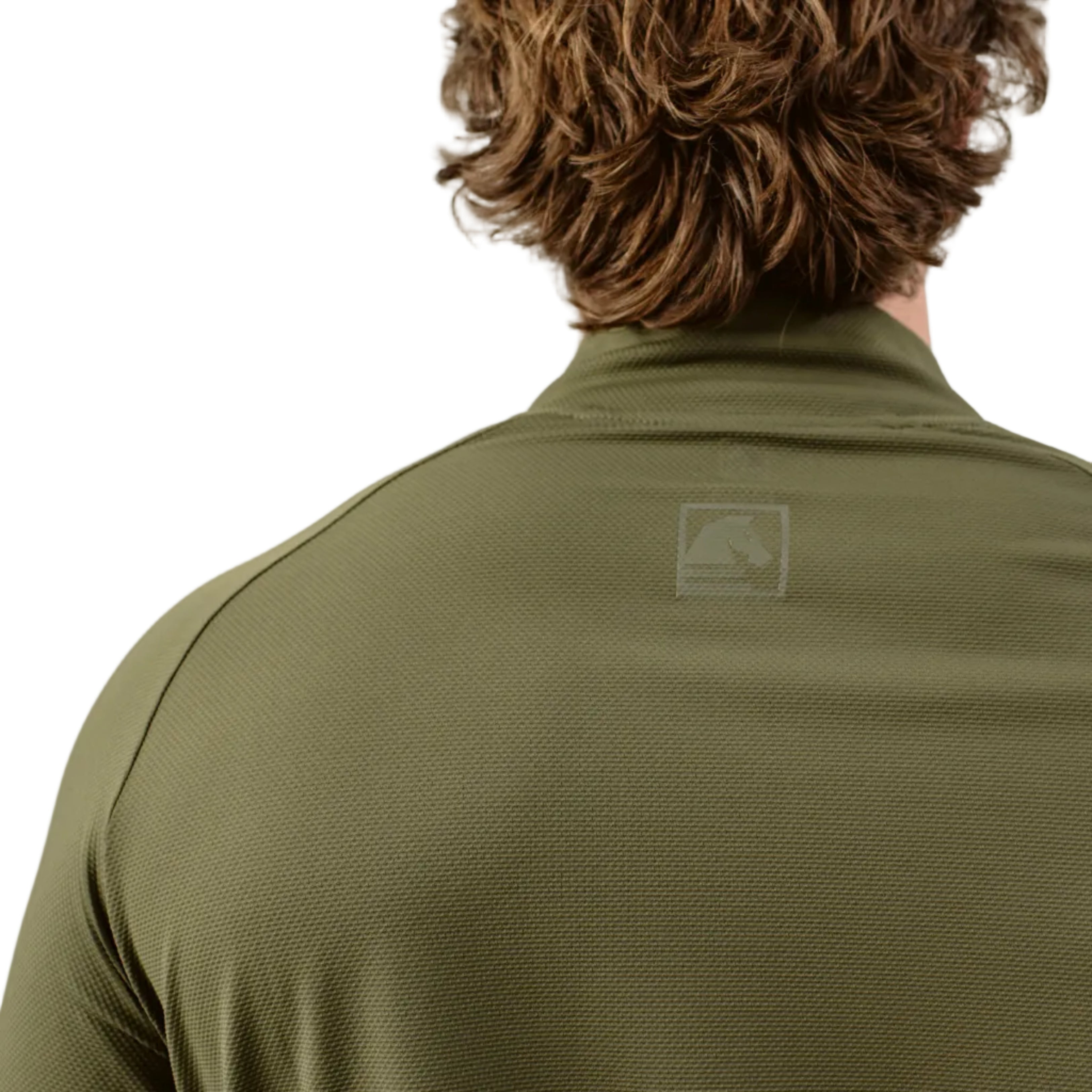Close up of TD OSS Top V2 Long Sleeve in Ranger Green showing back shoulder raglan seam construction and wrapped panel design, lightweight tactical combat base layer operator top engineered for shooter training, range days, and duty wear under plate carriers