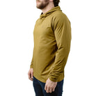 Side profile of TD Outdoor Tiger Shark Sun Shirt in Arrowwood featuring raglan sleeve mobility, wrapped side body panel construction, and lightweight UPF 50 Blocktech fabric built for hot weather rucking and range days