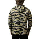 Rear view of TD Outdoor Tiger Shark Sun Shirt in Golden Tiger camo featuring full hood coverage and breathable quick dry fabric, tactical UPF 50 performance hoodie built for hot weather field use and extended outdoor exposure