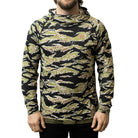 TD Outdoor Tiger Shark Sun Shirt in Golden Tiger camo shown from the front, lightweight tactical sun hoodie with UPF 50 Blocktech protection, breathable quick dry performance fabric designed for hot weather training and outdoor missions