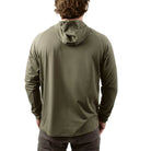 Rear view of TD Outdoor Tiger Shark Sun Shirt in Ranger Green showcasing full hood coverage and breathable 180 GSM performance fabric, lightweight tactical sun protection layer built for rucking, fishing, and range training