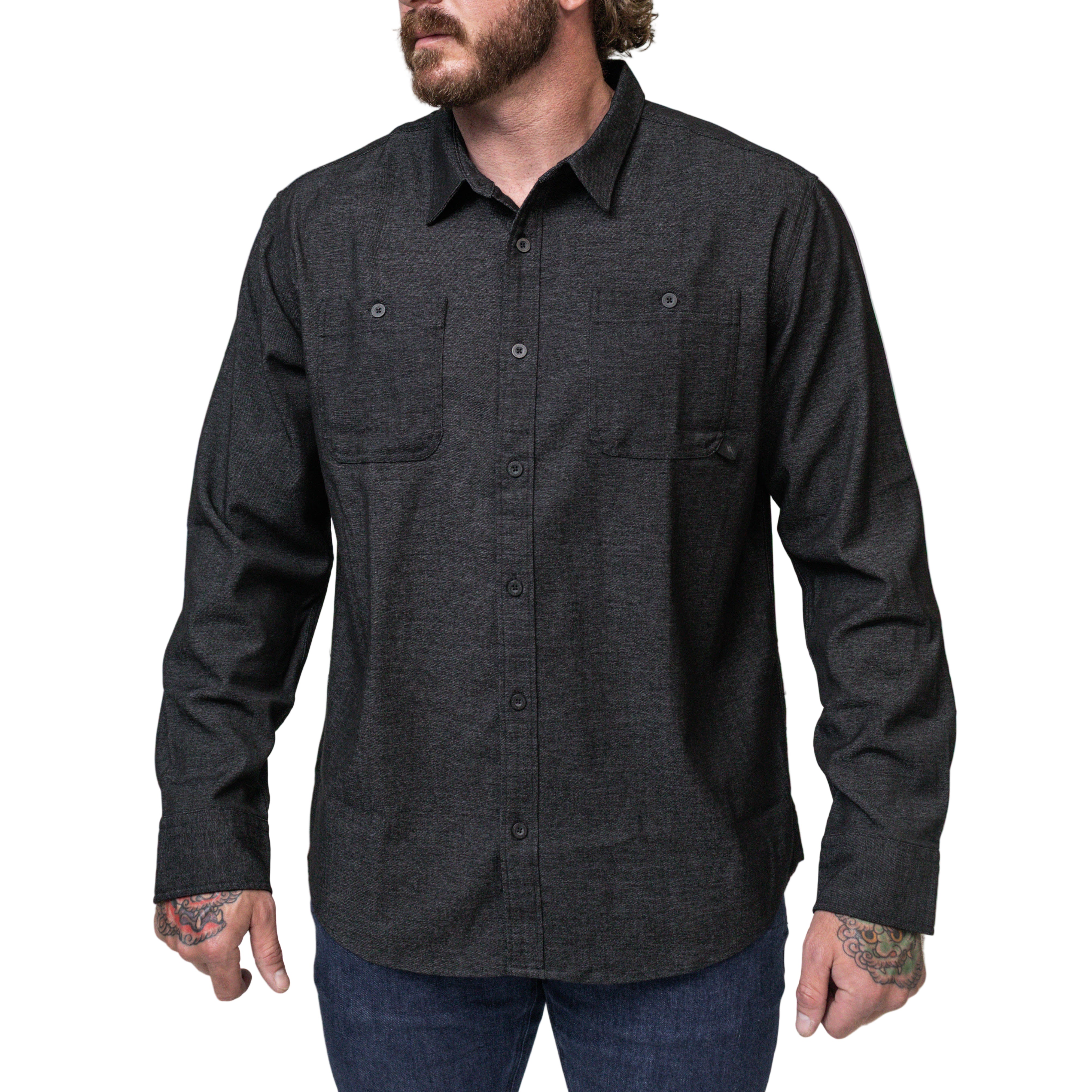 Front view of the black TD Stretch Flannel Work Shirt, a soft and comfortable tactical flannel built for Range Day and rugged workwear durability.
