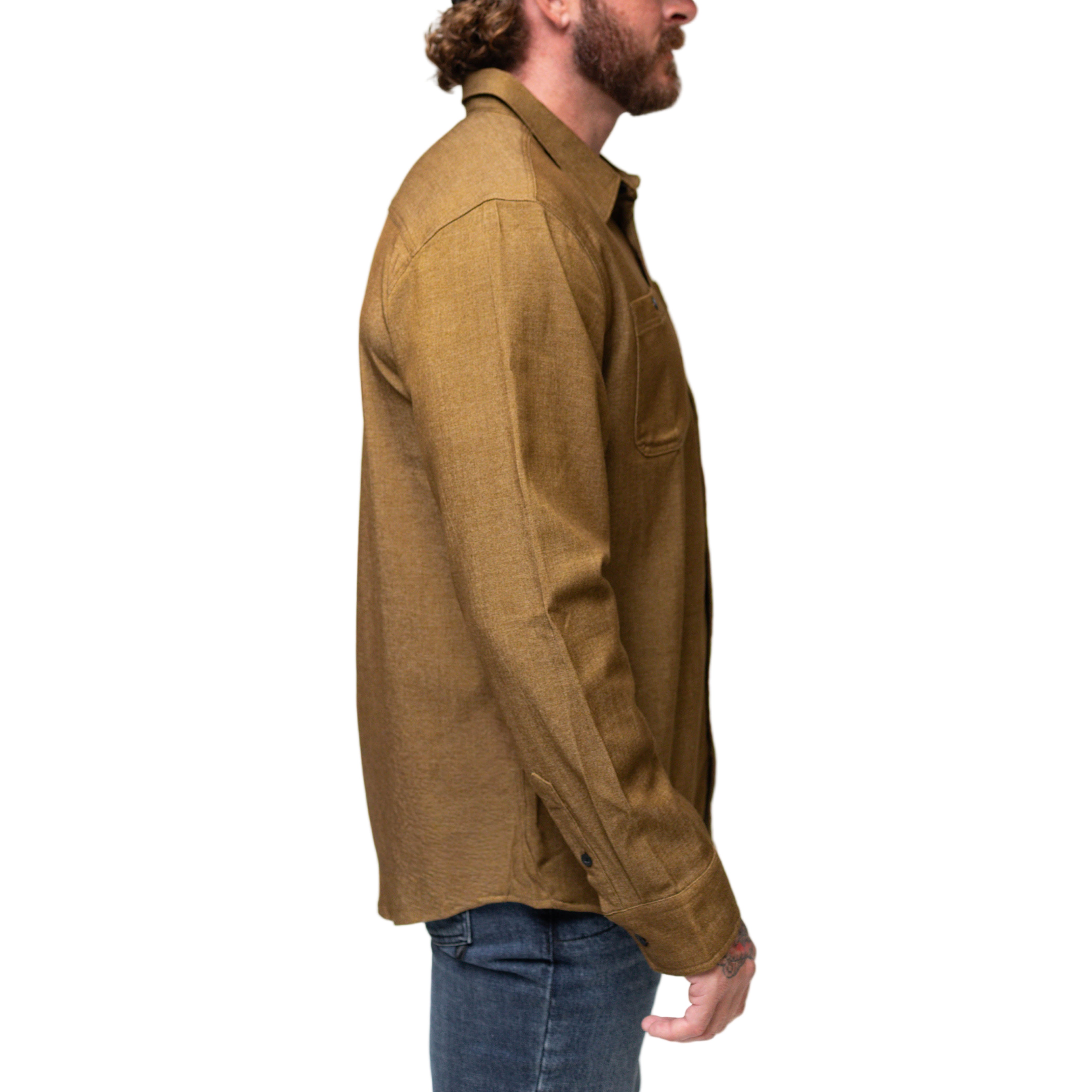 Long sleeve view of the brass TD Stretch Flannel Work Shirt, a soft and comfortable tactical flannel perfect for Range Day, outdoor wear, and durable work apparel.