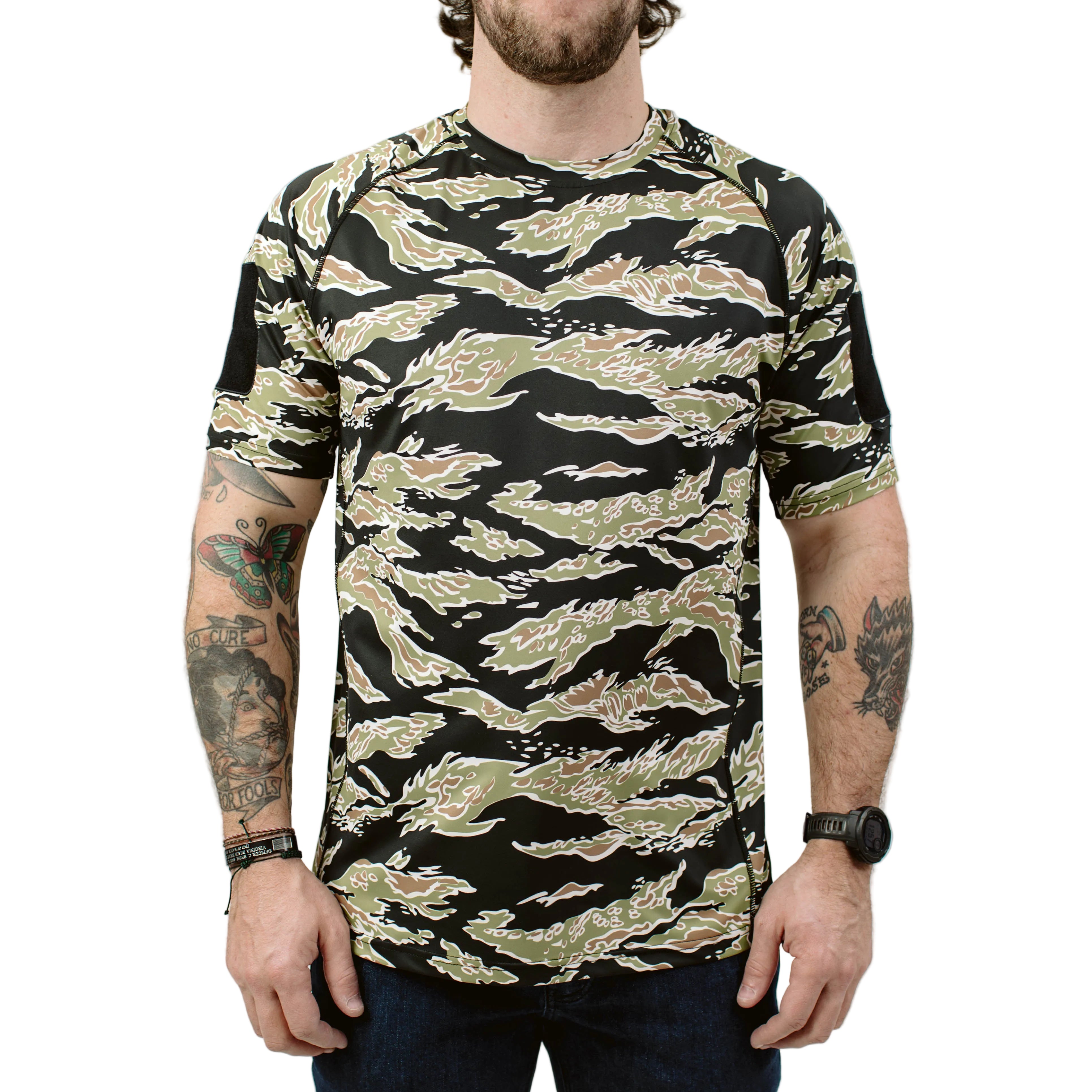TD Short Sleeve Range Shirt in Golden Tiger camo tactical base layer built for range day, duty wear, and plate carrier compatibility