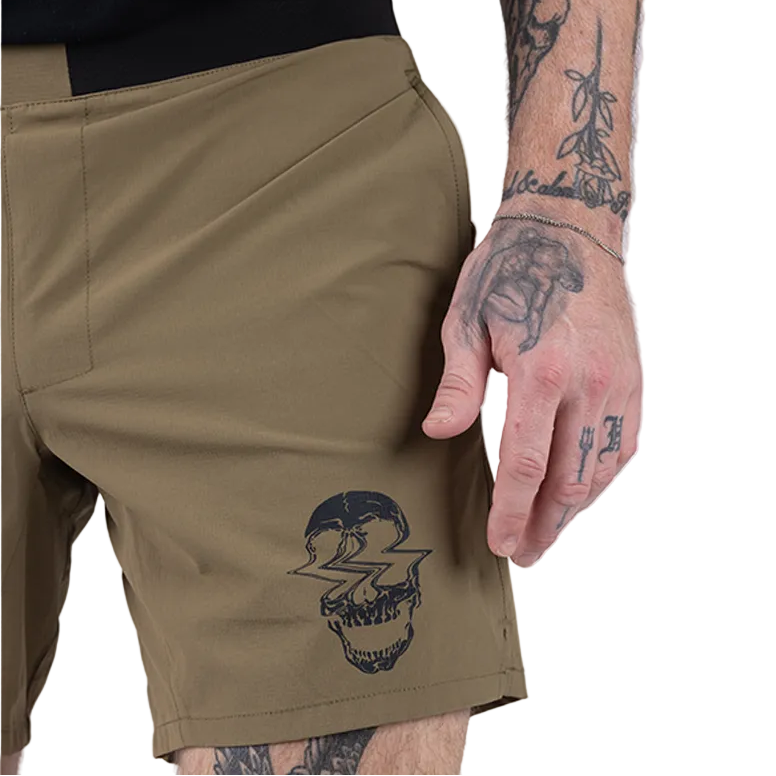 Photo of TD Workup Athletic Shorts in Nile Brown highlighting the stretchy ripstop fabric, secure EDC pockets, and gusseted front leg construction that allows maximum mobility during squats, lunges, and tactical training. These performance shorts are built for athletes who demand comfort, freedom of movement, and practical storage for running and intense workouts