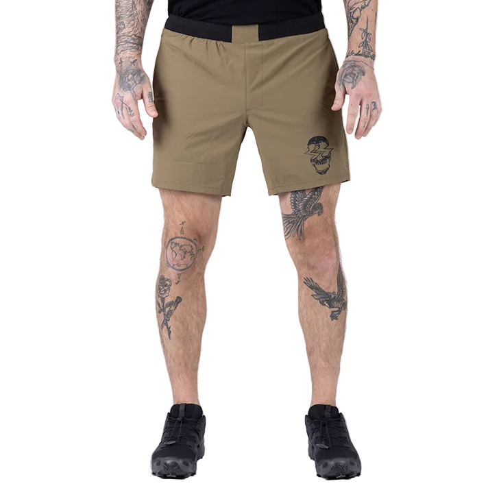 Another front view of TD Workup Athletic Shorts in Nile Brown showcasing the secure no-roll waistband and integrated EDC-ready pocketing system. Designed for tactical athletes, these lightweight ripstop shorts provide all-day comfort, moisture control, and rugged durability for intense gym sessions, trail runs, or functional fitness training