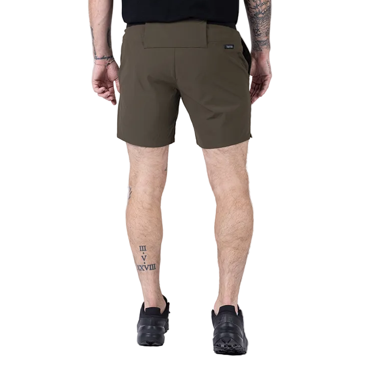 Back view of TD Workup Athletic Shorts in OD Green highlighting the clean athletic cut, secure zipper back pocket with hidden pull-through loop for a shirt or towel, and stretch ripstop fabric for unrestricted movement. These tactical performance shorts are perfect for training, running, and versatile everyday wear with EDC functionality