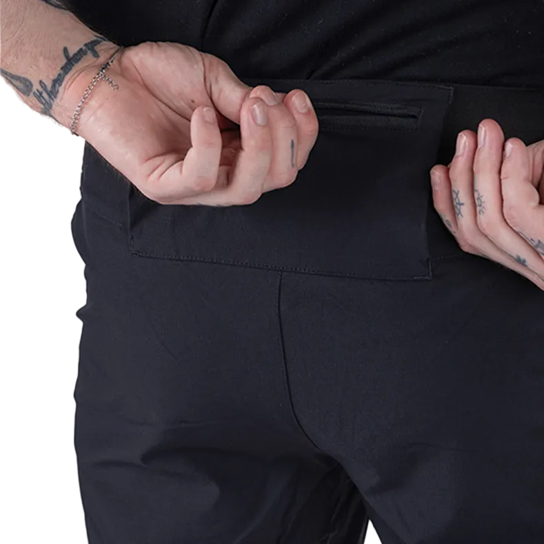 Close-up detail of TD Workup Athletic Shorts showing the zipper back pocket with hidden pull-through loop designed to secure a towel or shirt while training. This tactical feature adds convenience to the lightweight stretch ripstop fabric shorts, making them ideal for athletes needing secure storage during high-intensity workouts, running, and tactical fitness