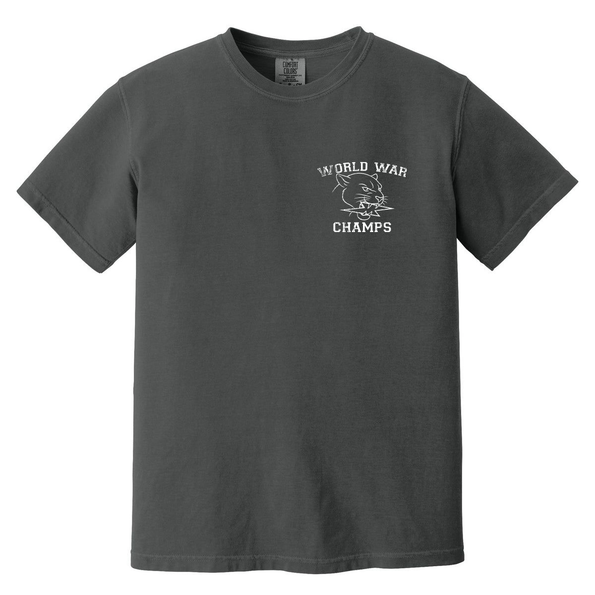 Front of the TD World Champs Tee featuring a small vintage-inspired "World Champs" patriotic graphic on a charcoal short sleeve t-shirt.