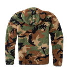 Back view of the TD x Black Rifle Coffee Co. Reticle Half-Zip Fleece showing full woodland camo design and high-pile Sherpa fleece texture. Durable, breathable construction with mesh trim for mobility and comfort. Co-branded TD x BRCC tactical pullover built for cold-weather wear, outdoor adventures, and off-duty downtime.