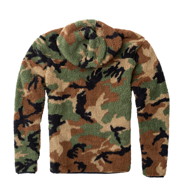 Back view of the TD x Black Rifle Coffee Co. Reticle Half-Zip Fleece showing full woodland camo design and high-pile Sherpa fleece texture. Durable, breathable construction with mesh trim for mobility and comfort. Co-branded TD x BRCC tactical pullover built for cold-weather wear, outdoor adventures, and off-duty downtime.