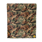 Product shot of the TD x Black Rifle Coffee Co. Woodland Throw Blanket featuring dual-sided woodland camo and ultra-soft high-loft fleece. Tactical camo blanket built for downtime, road trips, and recovery after range day. Co-branded TD x BRCC woven label adds rugged detail. Lightweight, warm, and fast drying, made for those who run on coffee and chaos.