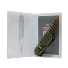 A survival knife with a black handle wrapped in brown paracord, displayed inside a clear plastic case with a printed diagram of the knife on the left side.