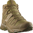 Front view of the Salomon FORCES X Ultra Mid in Coyote showing the reinforced toe, breathable tactical upper, and secure lace system built for military operations, law enforcement patrol, mountain trekking, and fast moving urban missions with Advanced Chassis stability.