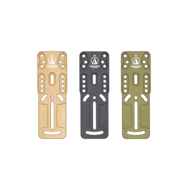Three True North Concepts Rigid Holster Platform (Patrol) in Earth Brown, Black, and OD green on a white background