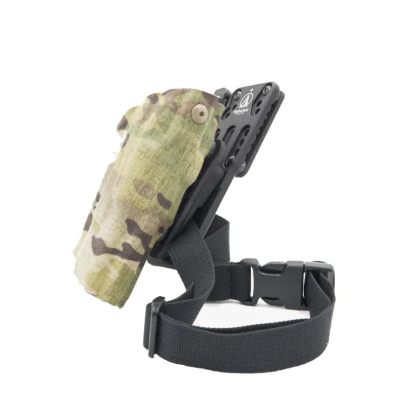 Multicam Holster with Black True North Concepts Rigid Holster Platform Patrol and Black Leg strap on a white background
