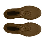 Top-down view of the Under Armour UA Charged Valsetz Mid Tactical Boots in Coyote showing the lacing structure, padded tongue, collar shape, and overall boot profile. Highlights the ergonomic fit, lightweight synthetic upper, and mid-cut support designed for tactical mobility, long hours on foot, and uneven terrain performance.