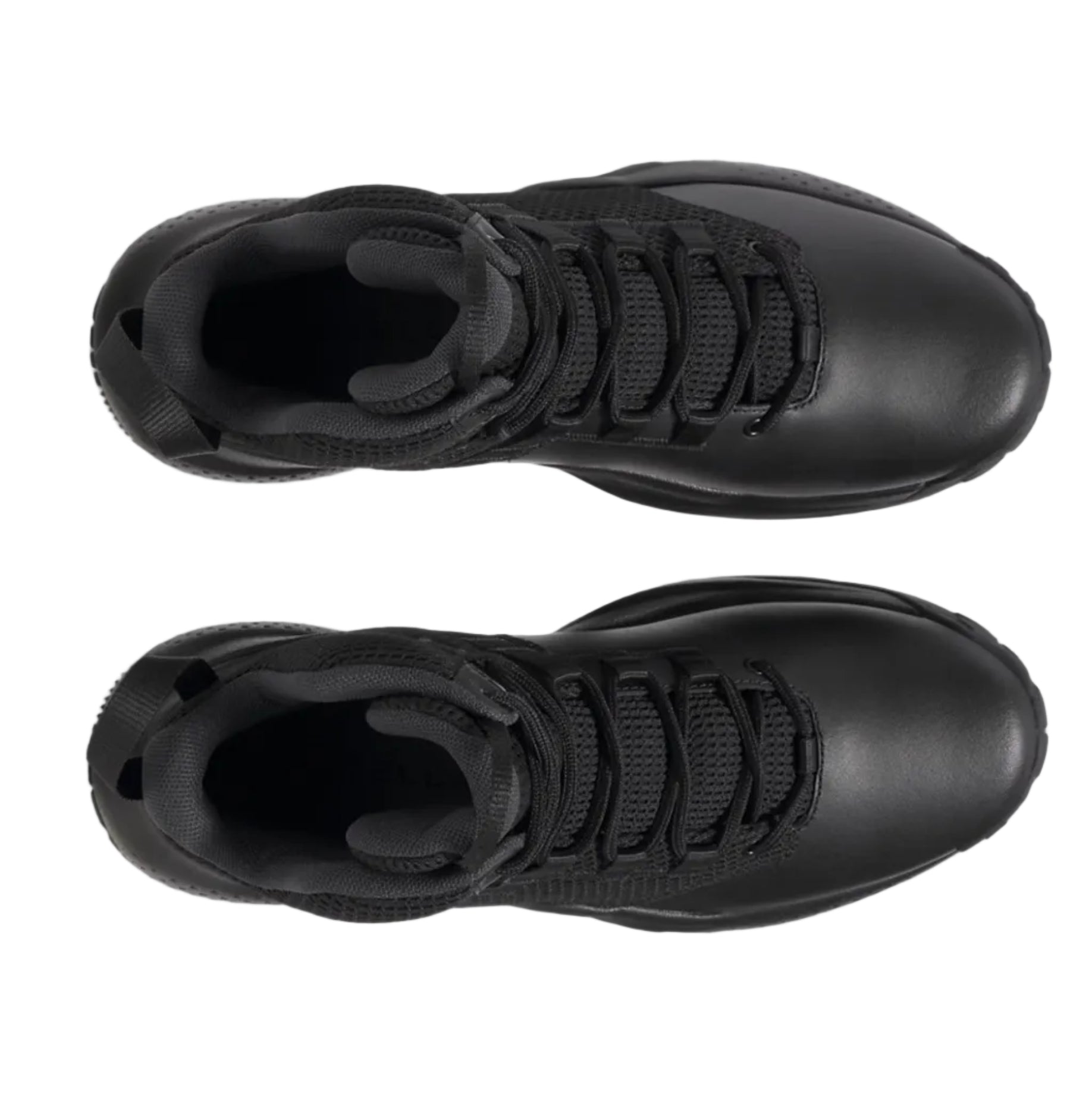 Top down view of the UA Stellar Mid Tactical Boots in Black showing the padded collar, lace system, and supportive construction made for high mileage wear and first responder movement.