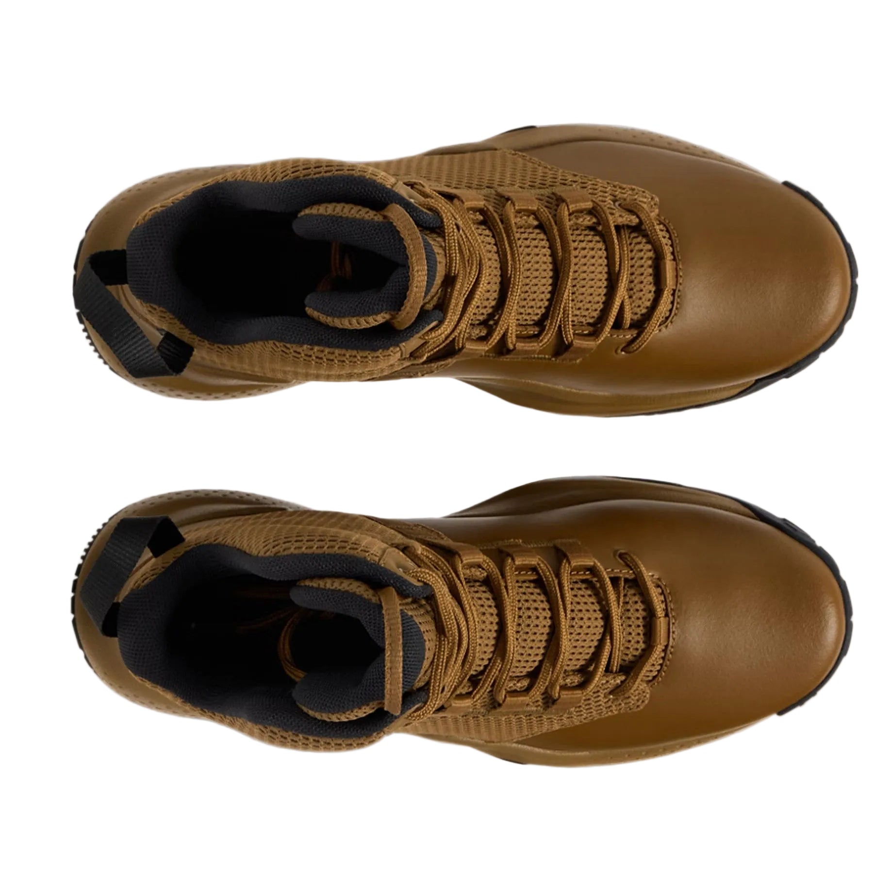 Top down view of the Coyote UA Stellar Mid Tactical Boots showing the breathable upper, padded collar, and secure lacing designed for stability during extended shifts and training.