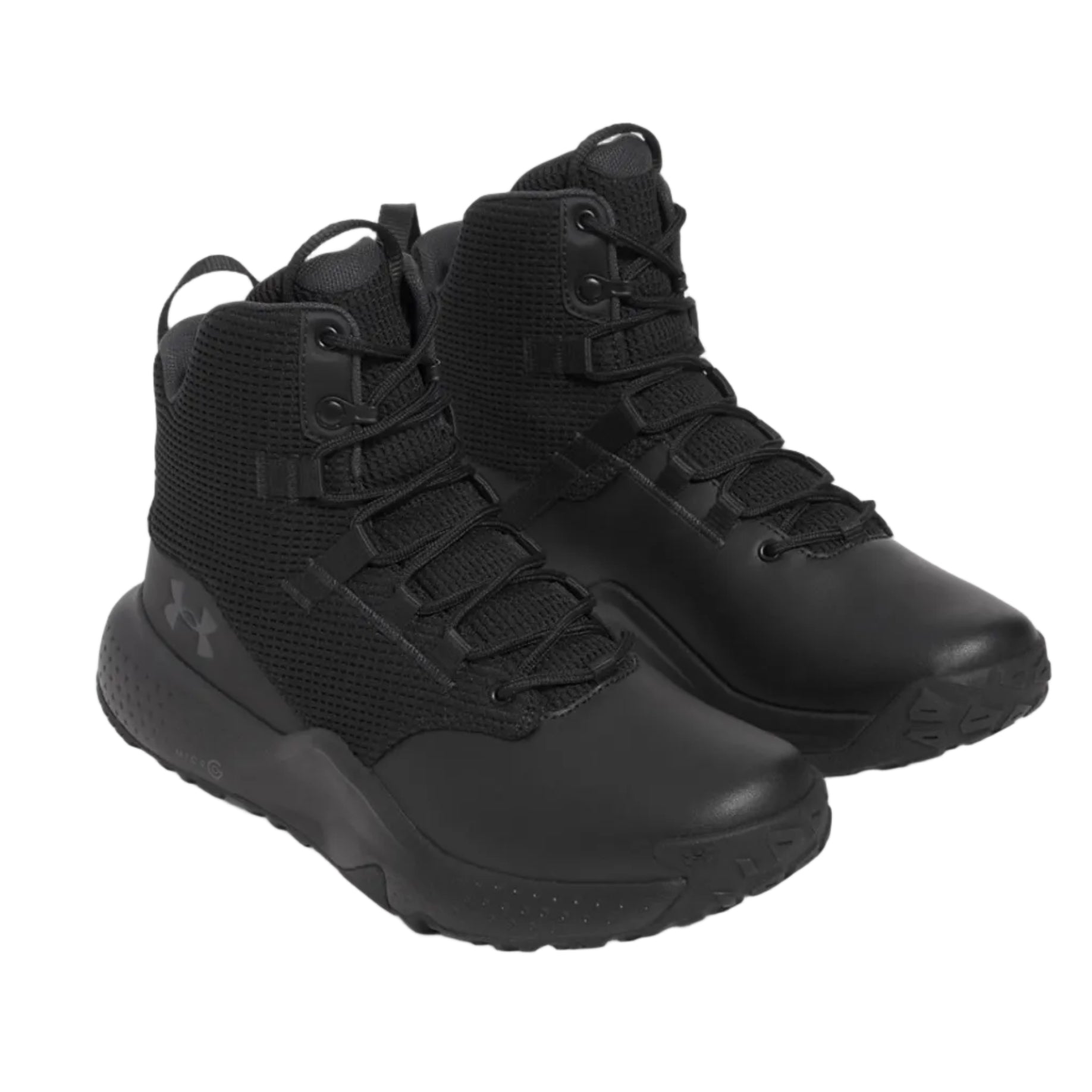 Pair of Black UA Stellar Mid Tactical Boots shown together displaying the mid height profile, polishable leather toe, and slip resistant outsole engineered for daily patrol and tactical performance.