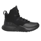 Side view of the UA Stellar Mid Tactical Boots in Black showing the breathable textile upper, polishable leather forefoot, Micro G foam midsole, and slip resistant rubber lug outsole built for law enforcement and military use.