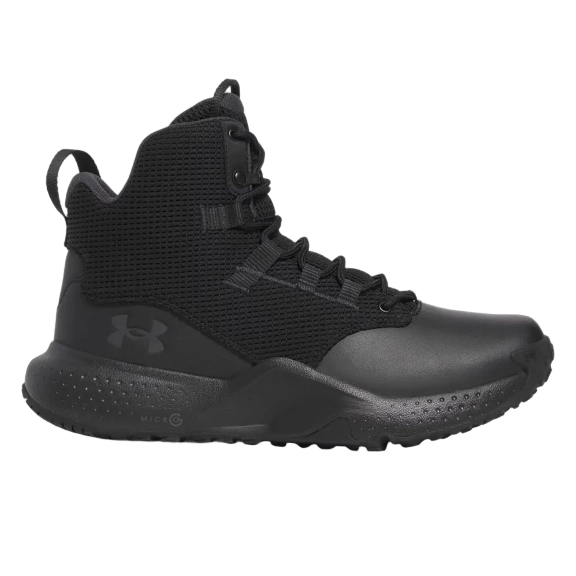 Side view of the UA Stellar Mid Tactical Boots in Black showing the breathable textile upper, polishable leather forefoot, Micro G foam midsole, and slip resistant rubber lug outsole built for law enforcement and military use.