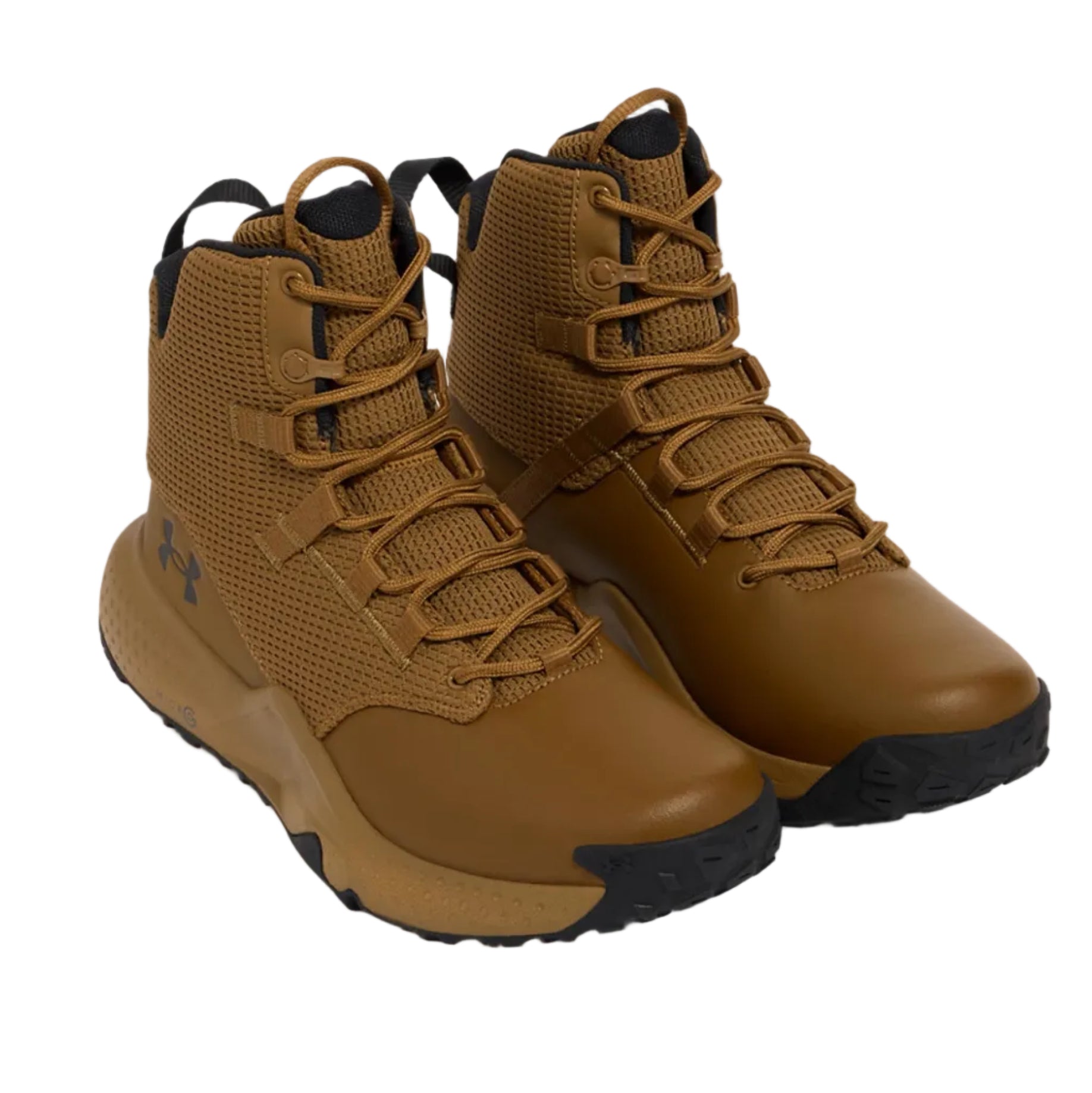 Pair of Coyote UA Stellar Mid Tactical Boots shown together displaying the mid height silhouette, supportive cushioning system, and slip resistant outsole for daily tactical wear.