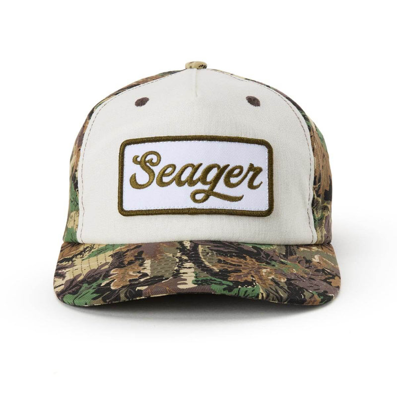 Camouflage and white cap with 'Seager' logo on a white background