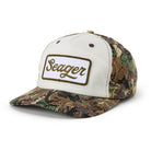 Camouflage baseball cap with 'Seager' logo on a white background