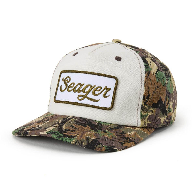 Camouflage baseball cap with 'Seager' logo on a white background