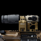 Unity FAST Aimpoint Magnifier Mount 2.26 mounted on rifle with Aimpoint magnifier and red dot optic showing inline FTC configuration for precision shooting