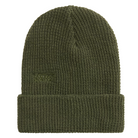 Van Olmstead Waffle Beanie in forest green with recycled polyester waffle knit construction, fold-over cuff, and tonal Vans logo embroidery for sustainable style