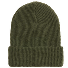 Sustainable forest green waffle knit beanie made from recycled polyester, designed for cold weather outdoor wear and eco-conscious tactical style.