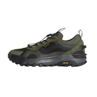 Green and black hiking shoe with Vibram sole on a white background