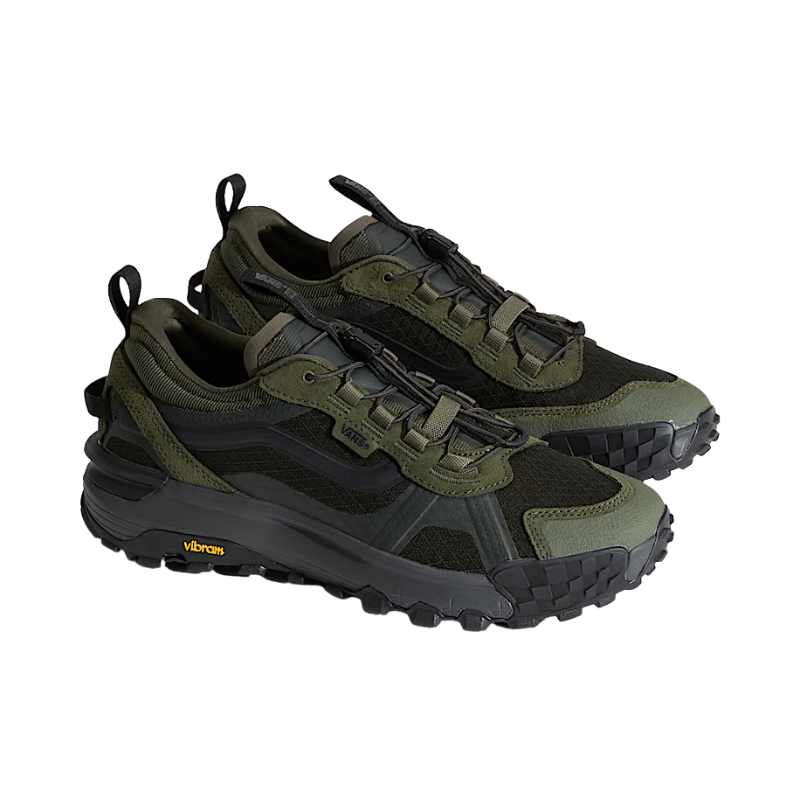 Pair of green and black hiking shoes on a white background