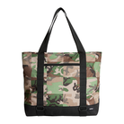 Camouflage tote bag with black straps on a white background