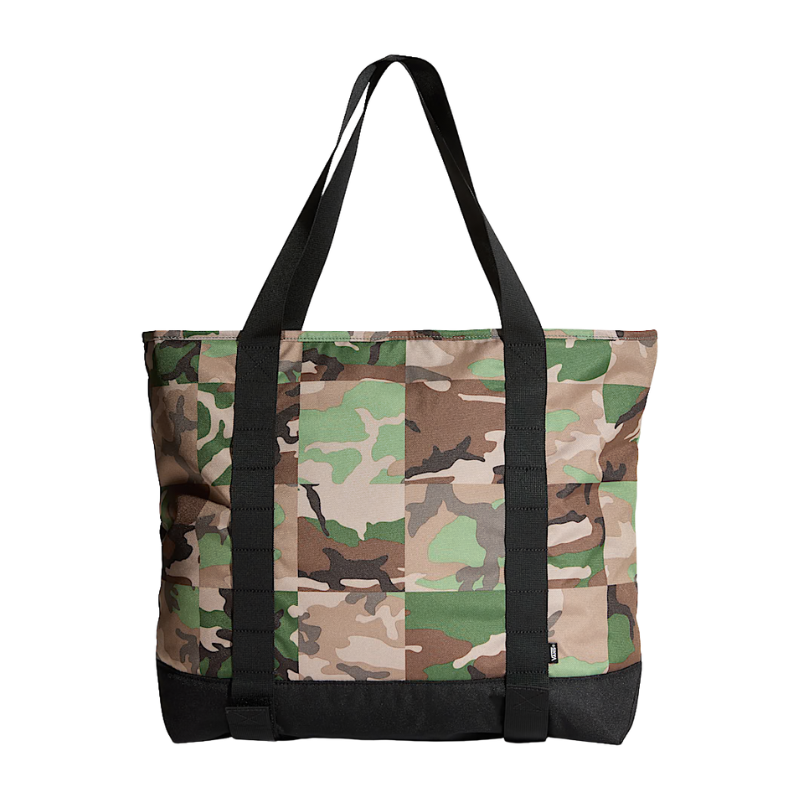 Camouflage-patterned tote bag with black handles on a white background